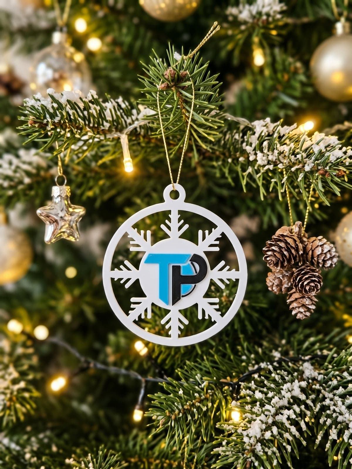 Branded snowflake ornament on a Christmas tree (concept image)